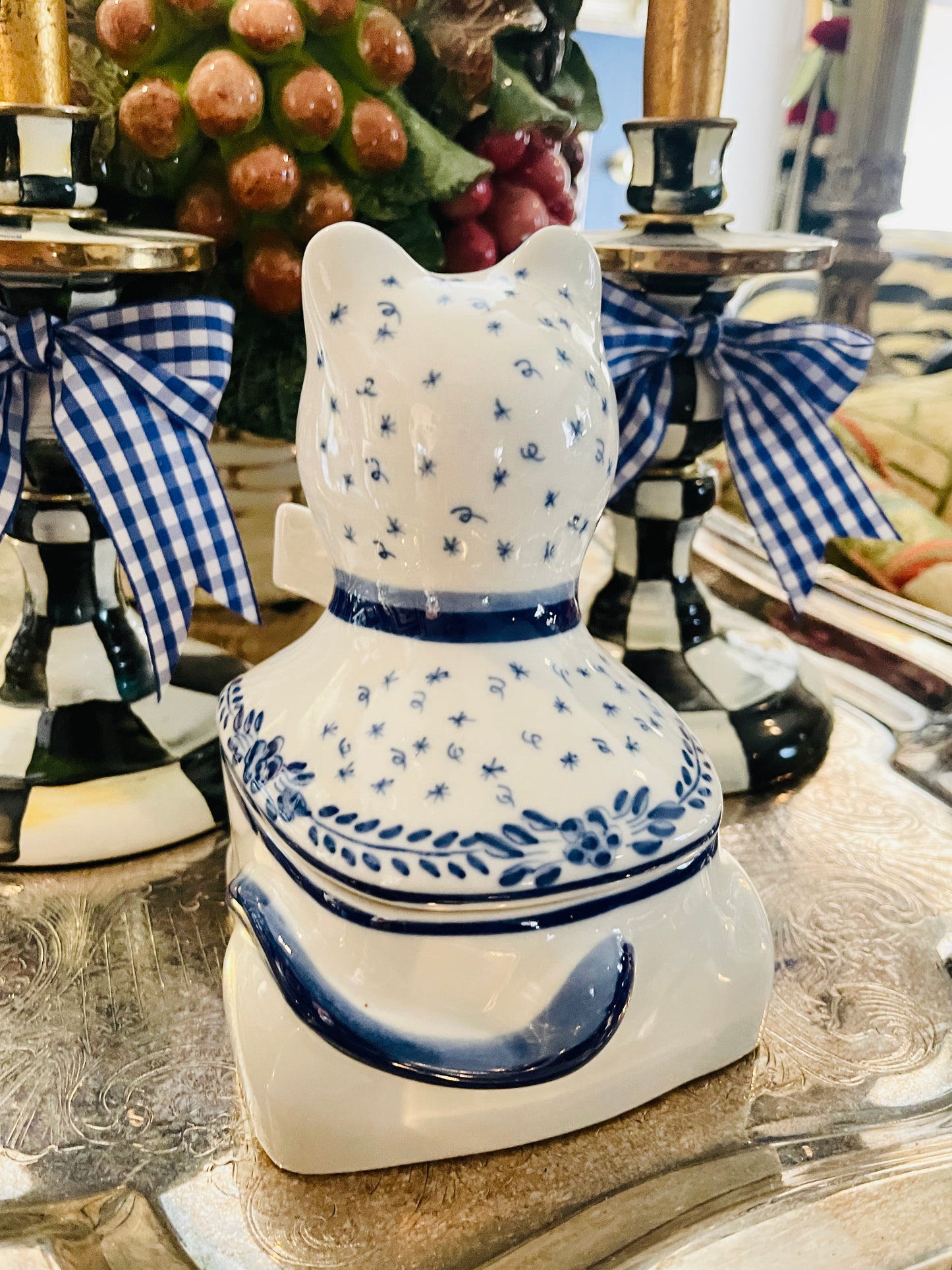 Blue and White Cat with Bow Tie Lidded Dish, Made in Portugal