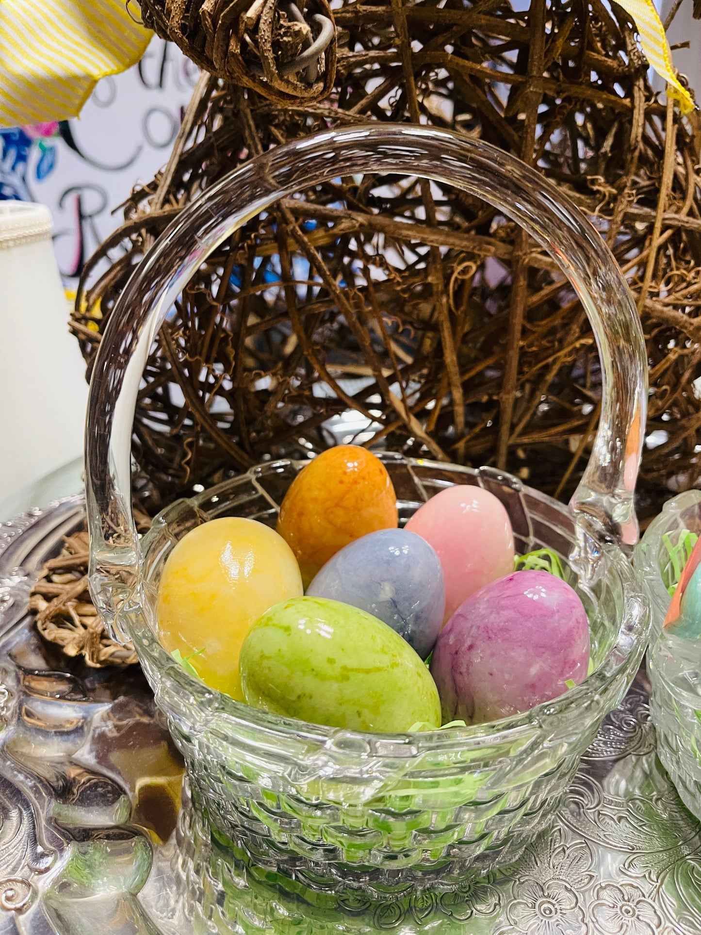 Alabaster Eggs in Williams-Sonoma Glass Basket - Basket A