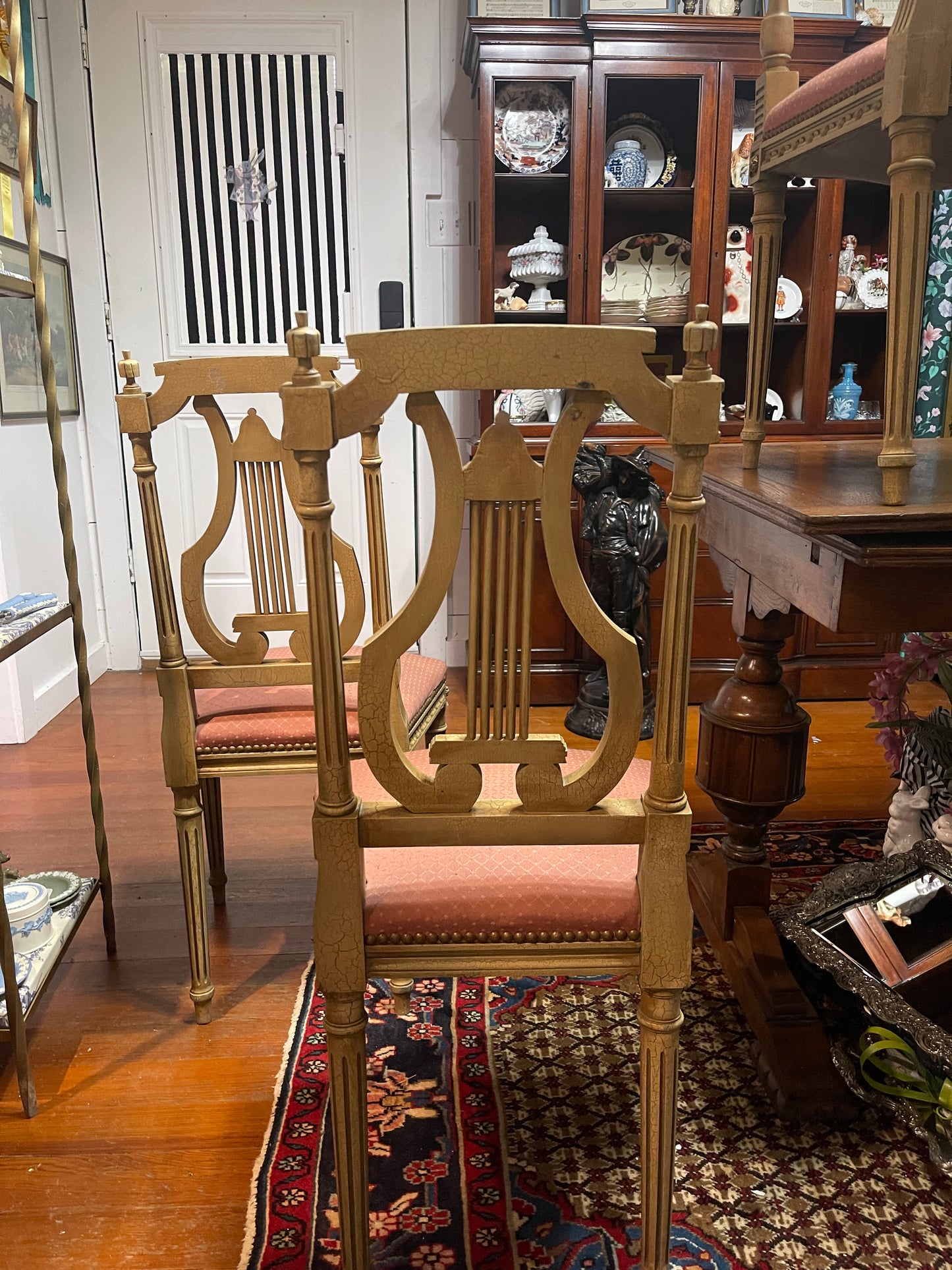 Pair of Antique Neoclassical Lyre Back Chairs – Carved Gilt Accents & Blush Upholstery *Pick Up Only*