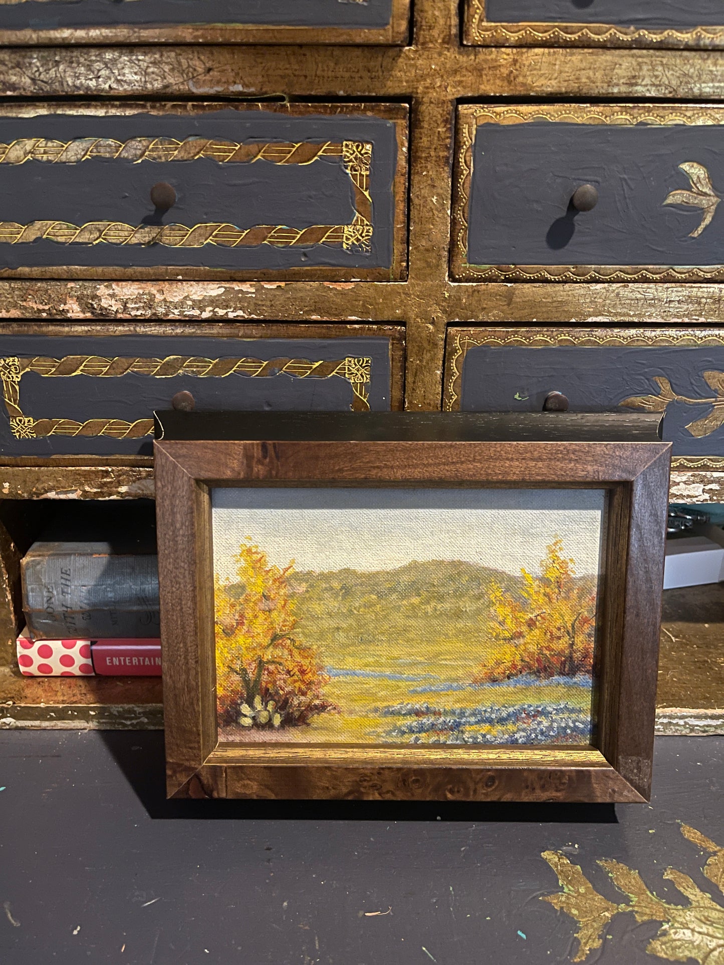 Petit Texas Hill Country Bluebonnet Landscape Painting, Italian Solid Wood Frame