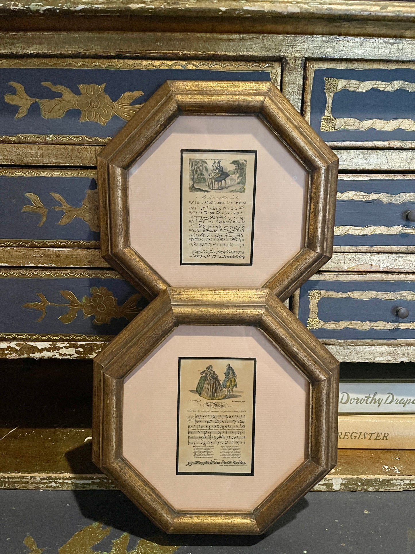Lovely Pair of Vintage George Bickham Sheet Music, Pink Matting, Frech Decor, Guilt Frame, Pair