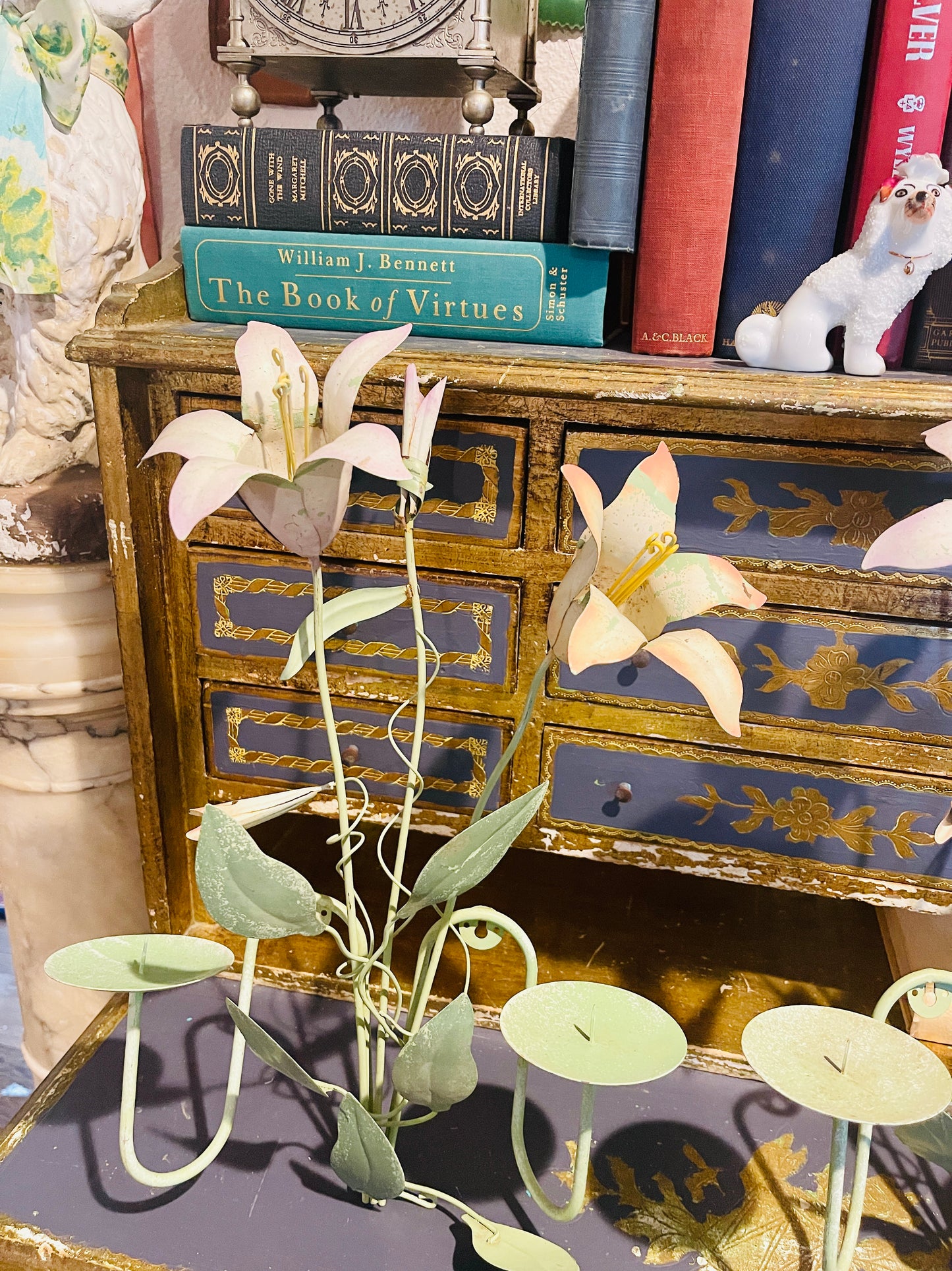 Vintage Tole Pink and Green Lily Candle Sconces, Pair, Chippy Paint, Cottage Chic