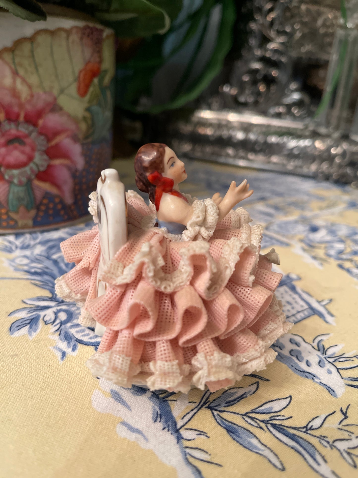 Dresden Figurine Dressed in Pink and White, Vintage Shelf Decor