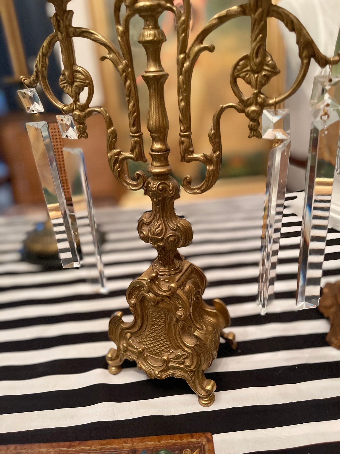 Vintage Ormolu Rococo Candlestick with Rectangular Prisms,