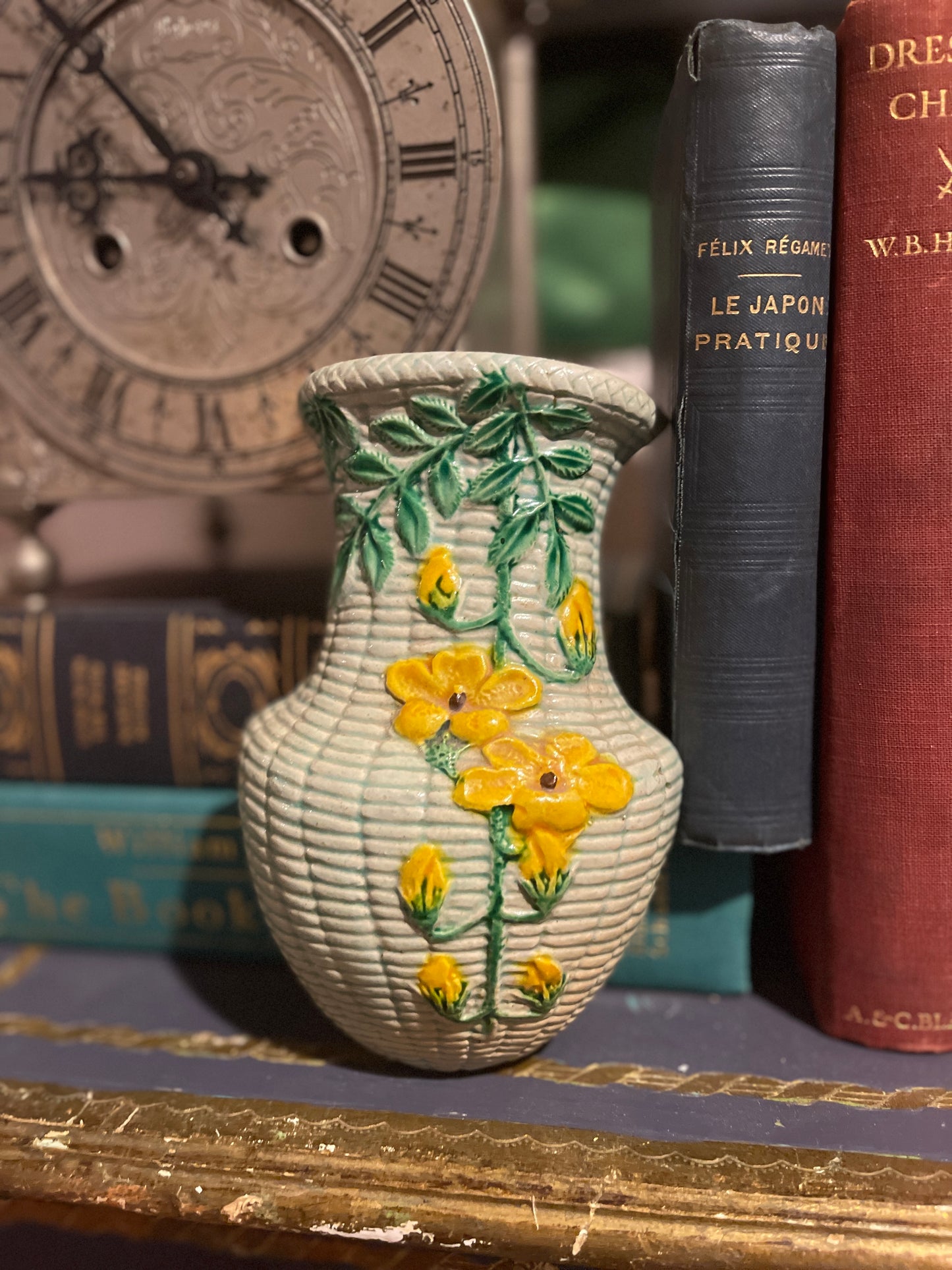 Vintage Chinoiserie ‘Rattan Basket’ Wall Pocket with Yellow Flowers and Green Vines and Leaves, Made in Japan