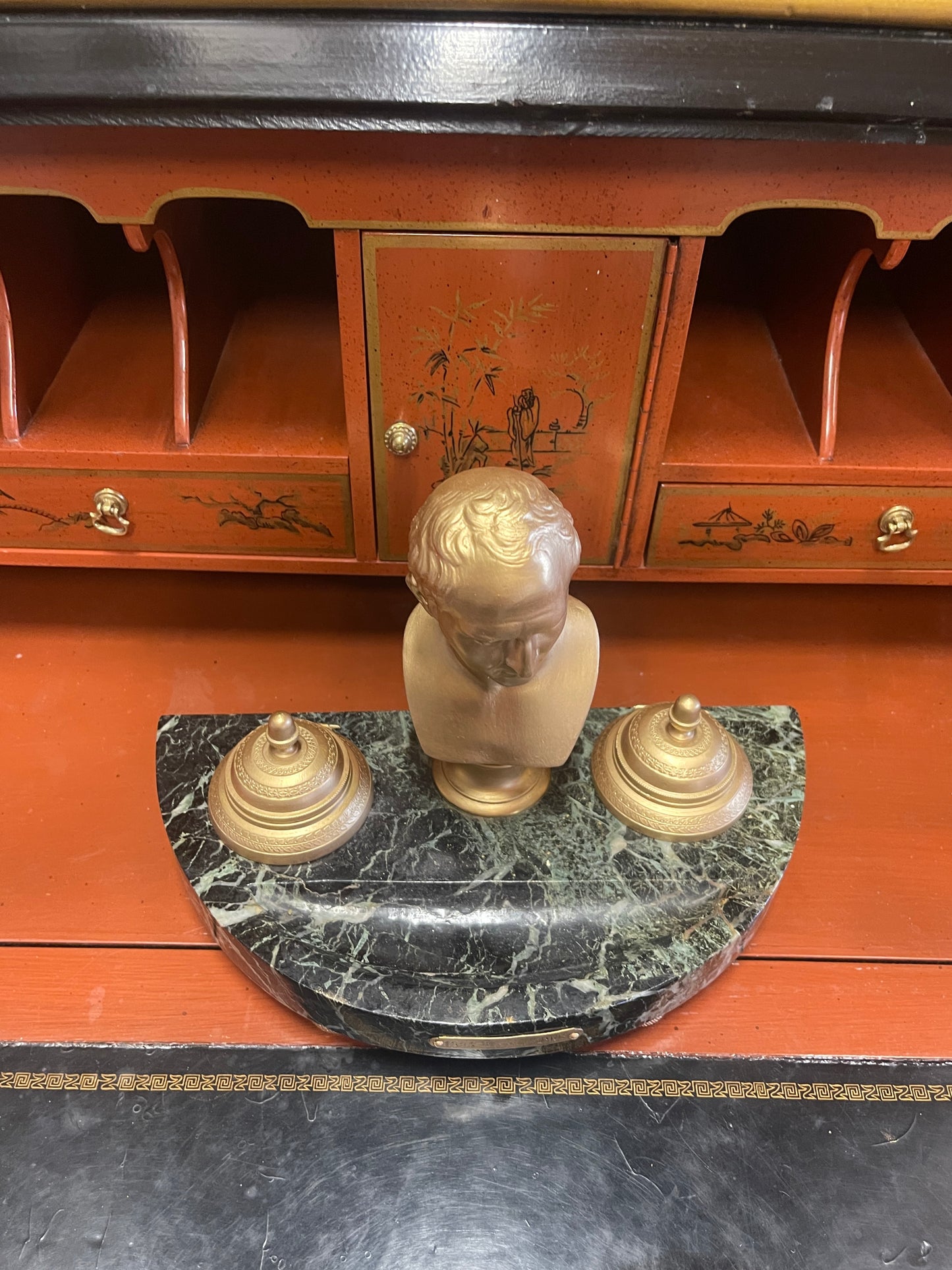 Antique Marble and Cast Metal Ink Well with Figural Emporer Napoleon Bonaparte Bust, FANTASTIC!