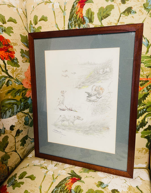 Lovely Léon Danchin (1887-1938) "Irish Setters Hunting" Etching, Hand Colored and Signed