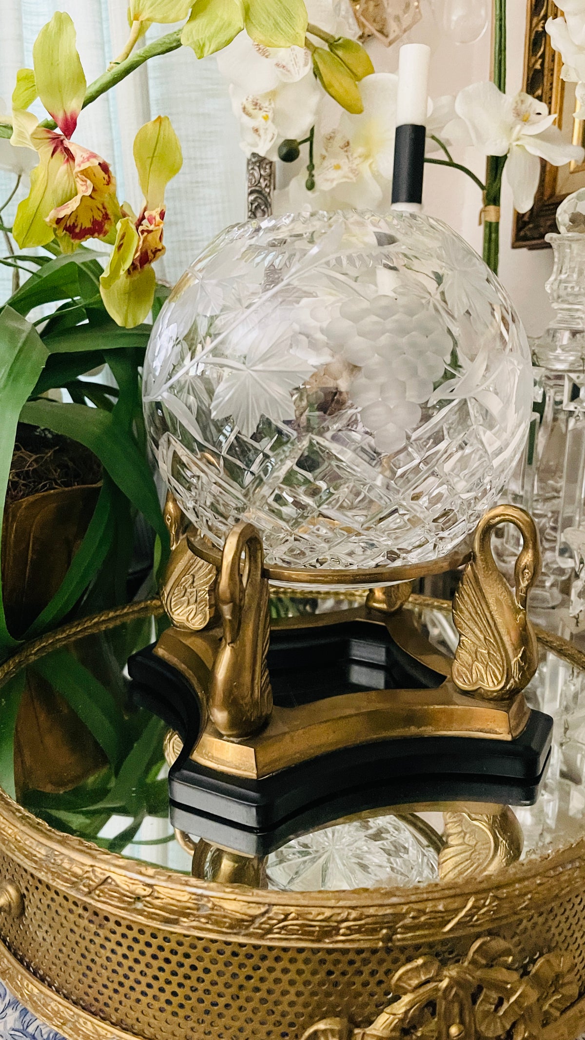 Vintage Crystal Rose Bowl on Brass Swan Base