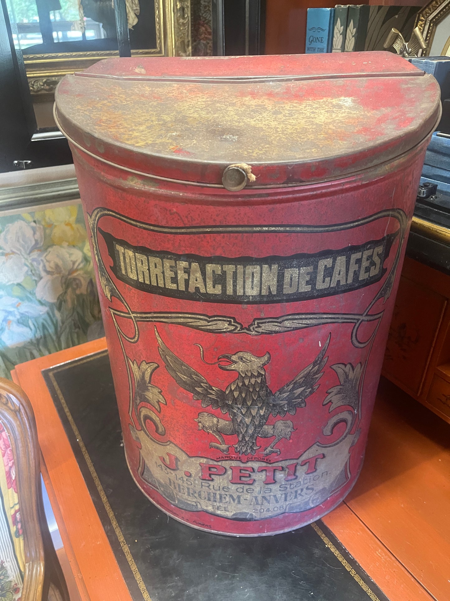 Large Antique French Coffee Tin – J. Petit “Torréfaction de Cafés” Advertising Canister from Antwerp, c. 1900