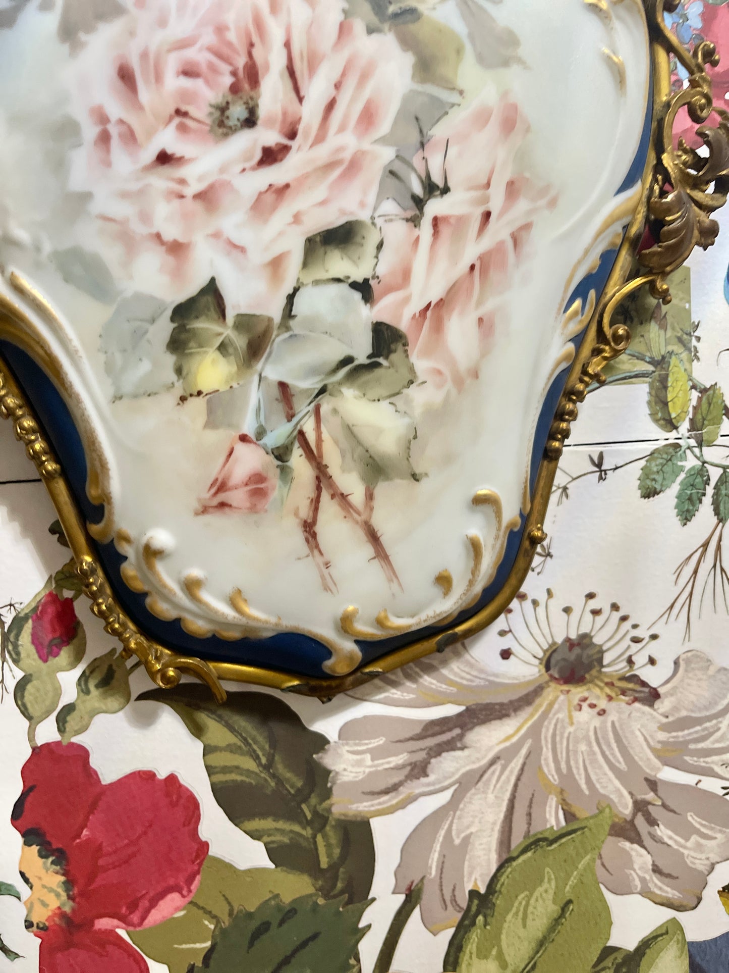 Antique Wave Crest Porcelain Plaque, Pink Roses on Opaque White with Gold Rococo Scrolled Metal Border