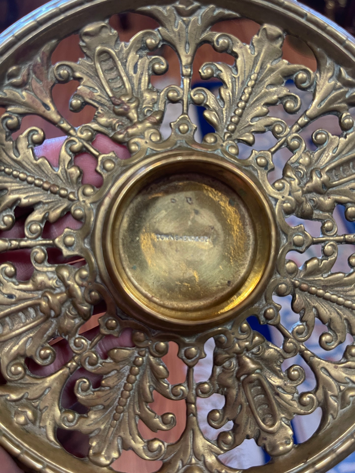Lovely 19th-Century Townshend & Co. Brass & Porcelain Inkwell – Blue & White Blossom Motif, Crafted in England