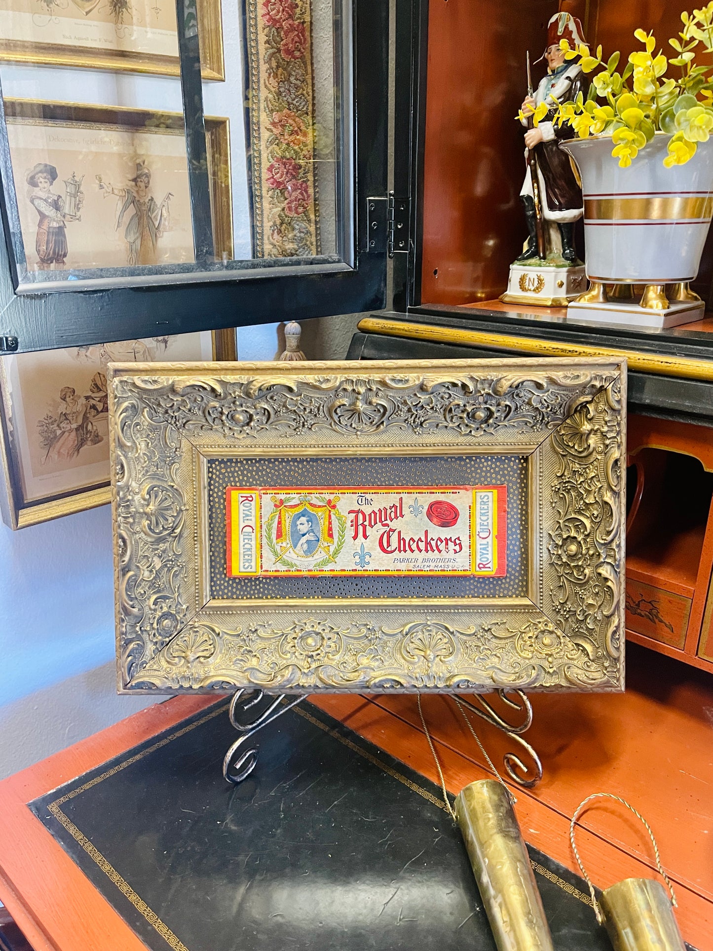 Vintage Royal Checkers Box Lid with Napoleon Bonaparte, Ornate Gold Frame