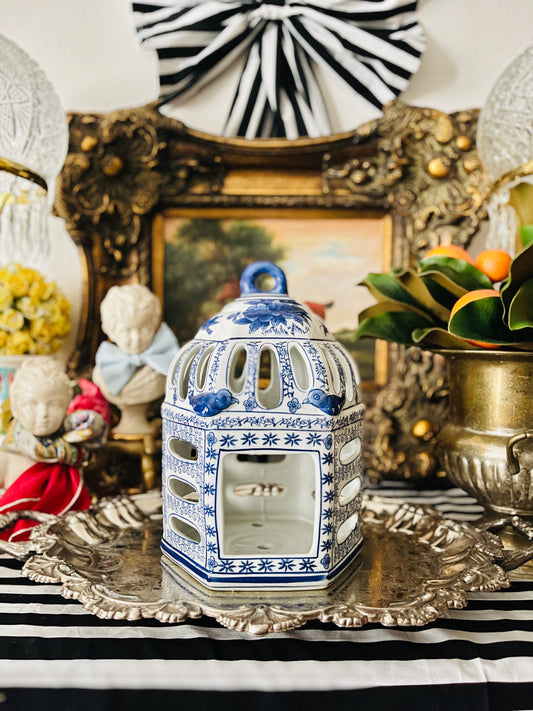 Chinoiserie Blue and White Porcelain Bird House/Feeder/Lantern