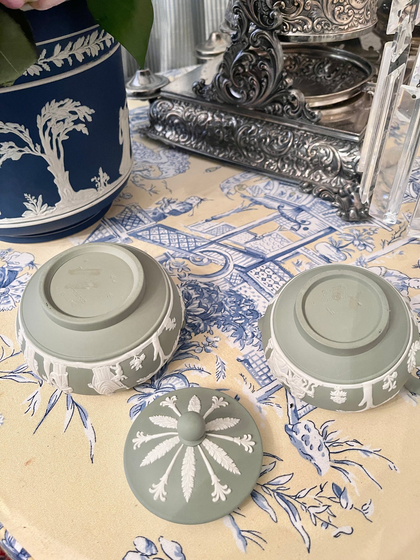 Wedgwood Cream and Lidded Sugar Bowl Set, Cream on Celadon Jasperware, Vintage