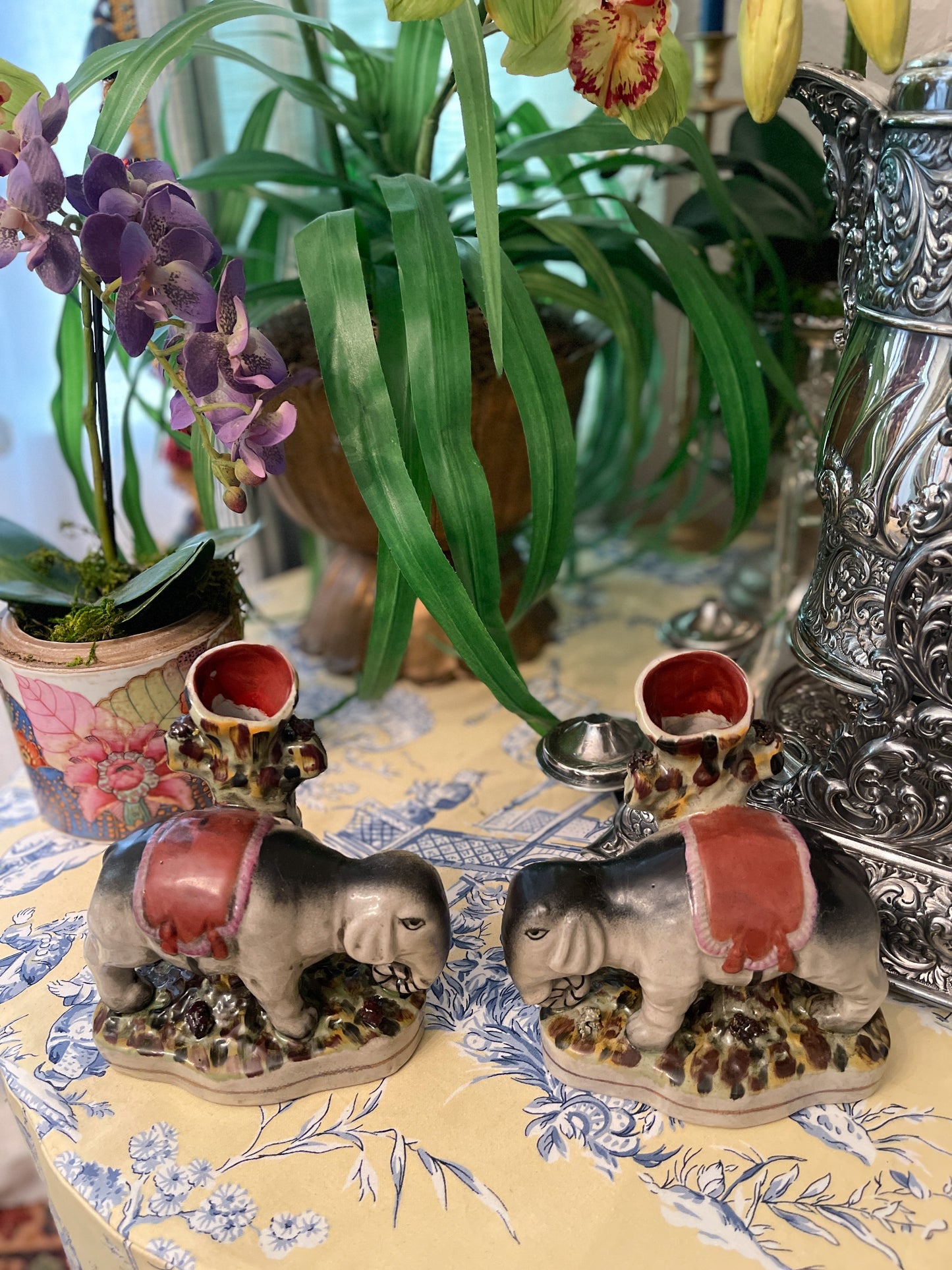 Pair of Staffordshire Style Elephant Spill Vases, Mirrored Pair, Vintage