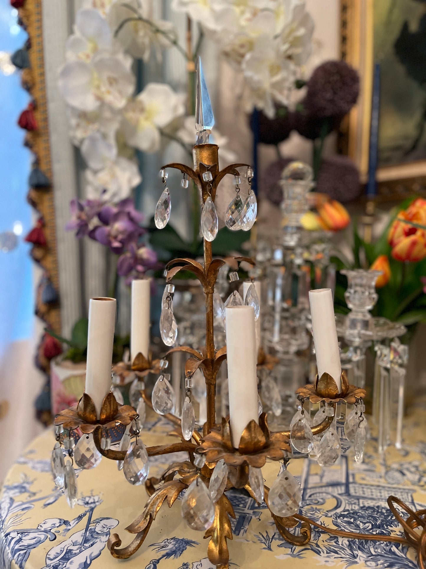 Italian Gilt Tole Table Lamp, Vintage, Five Light, vintage Gilt Lamp
