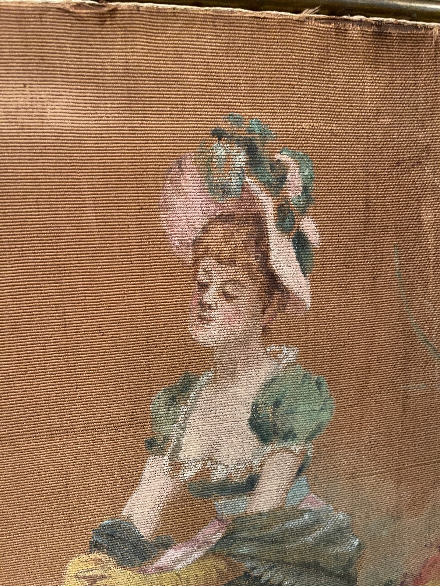 Antique Victorian Hand-Painted Fireplace Screen on Fabric with Brass Frame | Romantic 19th-Century Art Panel | Found in Round Top