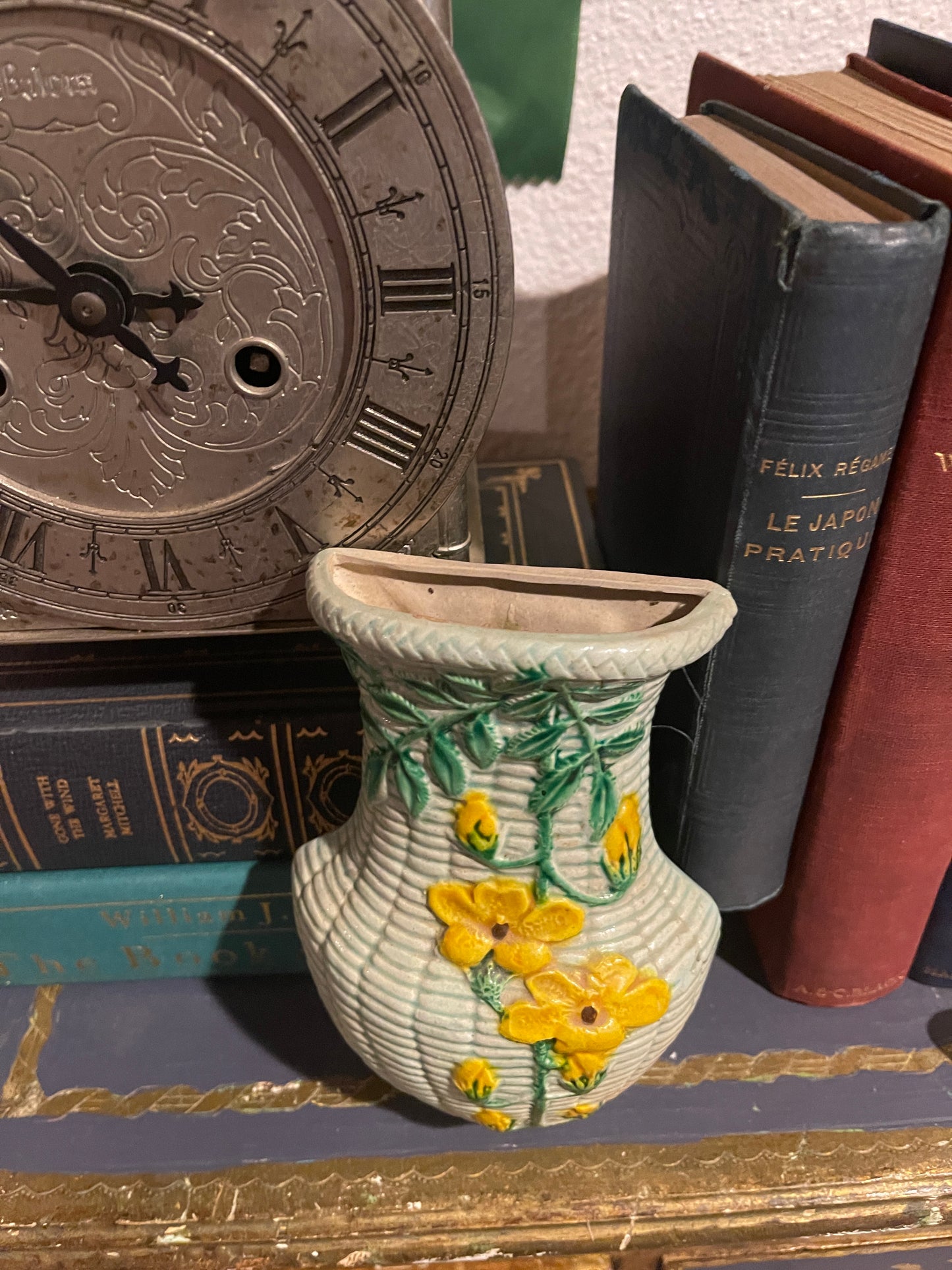 Vintage Chinoiserie ‘Rattan Basket’ Wall Pocket with Yellow Flowers and Green Vines and Leaves, Made in Japan