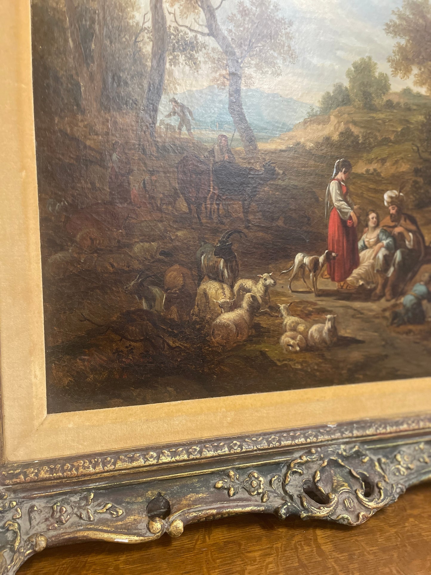 Antique Oil Painting Reproduction of Italianate landscape with Jacob, Leah and Rachel, by Nicolaes Berchem