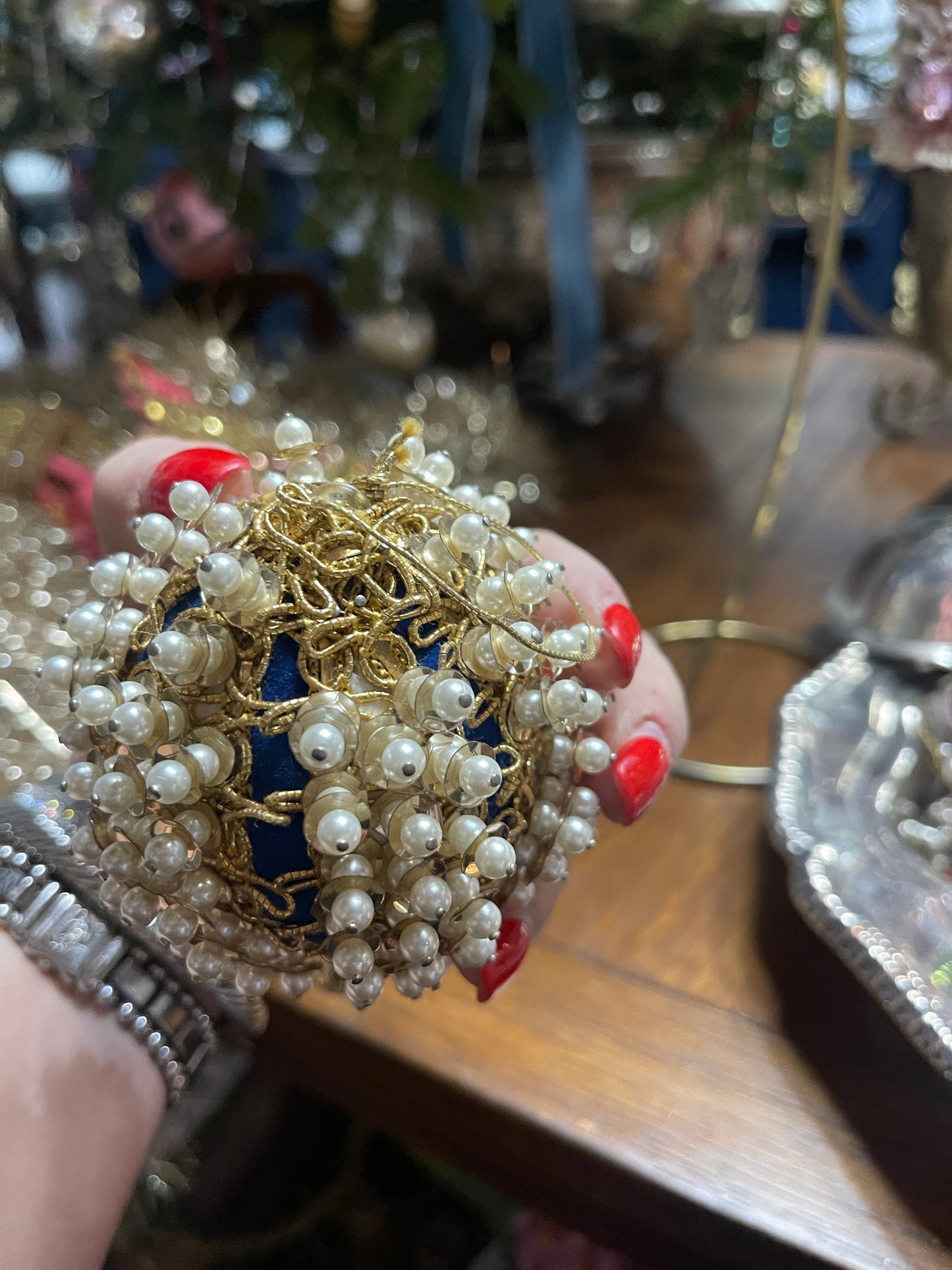 Vintage Blue and White ‘Pearl’ with Gold Push Pin Christmas Ornament