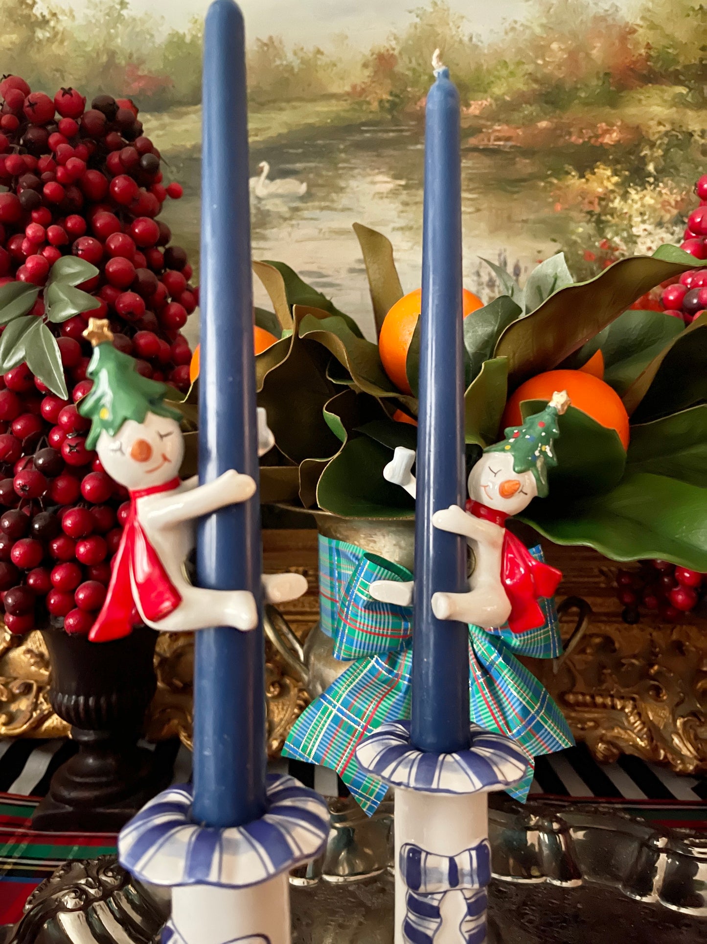 Mid Century 1958 Holt Howard Snowman Candle Hugger Pair, Made in Japan Hand Painted Porcelain, Holiday Estate Decor