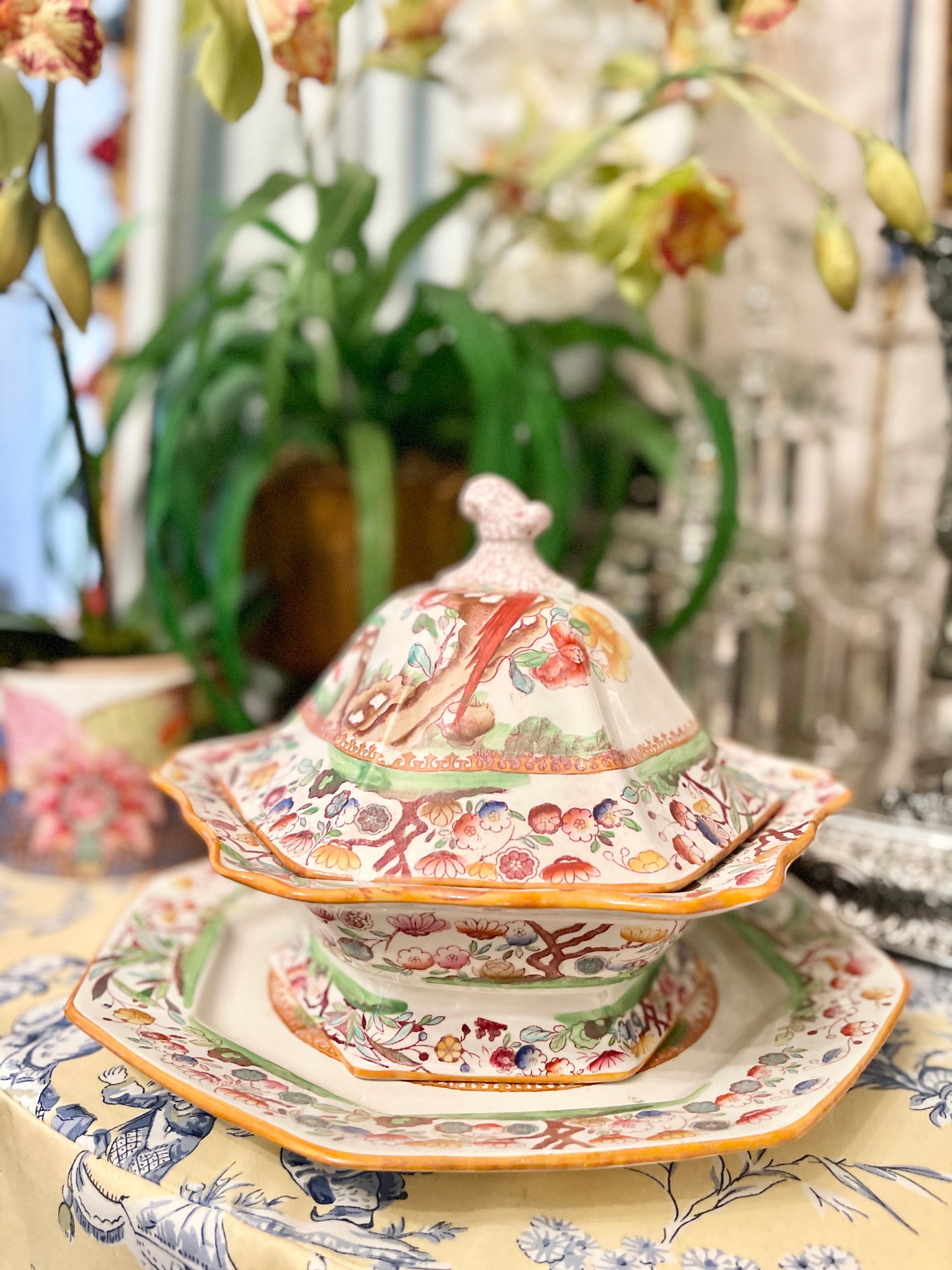 Antique Chinoiserie Birds of
Paradise Lidded Dish and Underplate by Ashworth
Bros. Hanley, Staffordshire England, Mason's Ironstone, Chinoiserie Chic