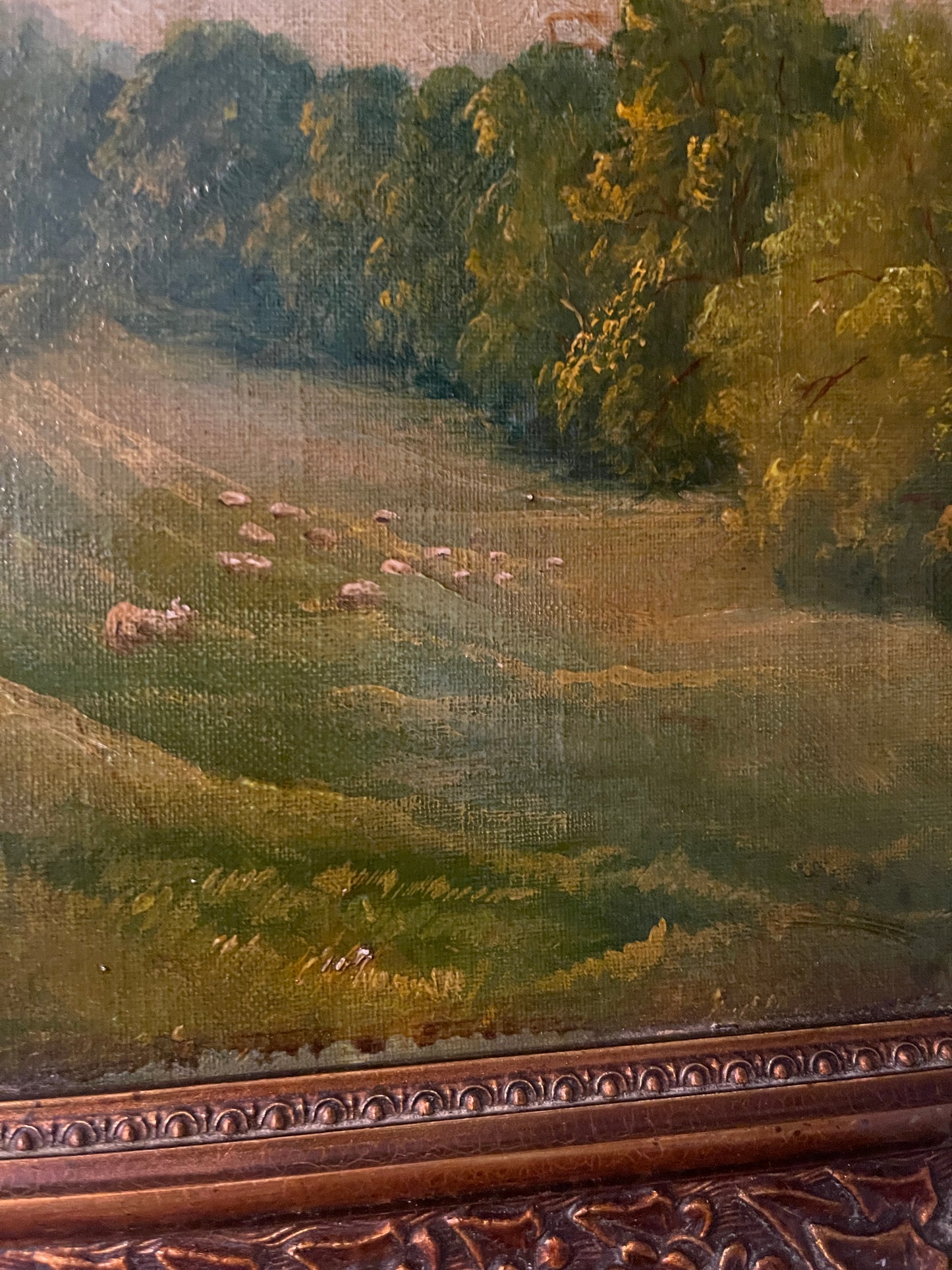 19th Century French Pastoral Oil Painting of Sheep Grazing — Antique Landscape with Varnished Finish