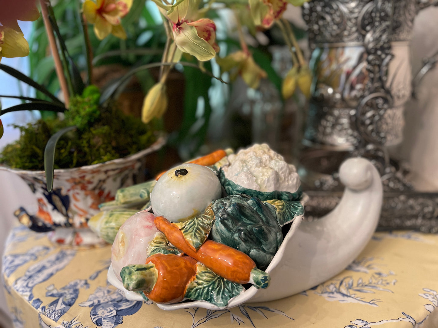 Vintage Italian Cornucopia, Hand Painted Porcelain