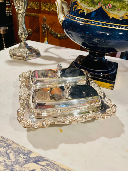 Vintage Silverplate Double Butter Dish with Covers | Footed Ornate Serving Piece | French Rococo Style Tableware