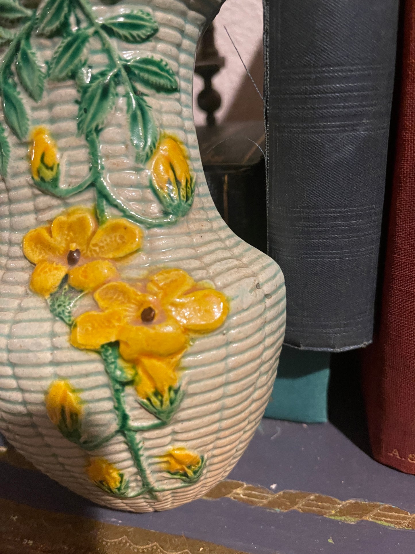 Vintage Chinoiserie ‘Rattan Basket’ Wall Pocket with Yellow Flowers and Green Vines and Leaves, Made in Japan