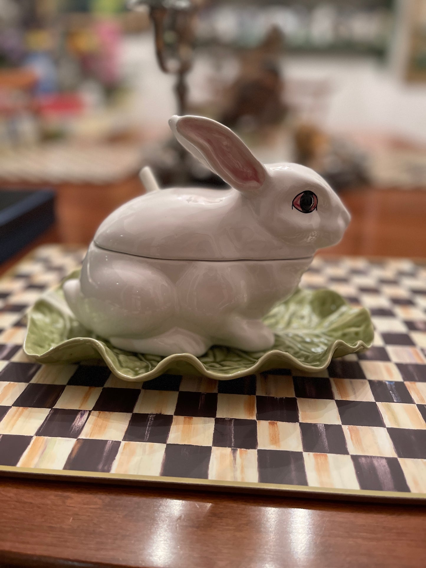 Vintage Bordallo Pinheiro Rabbit Saucier Dish on Cabbage Leaf Under Plate with Ladle