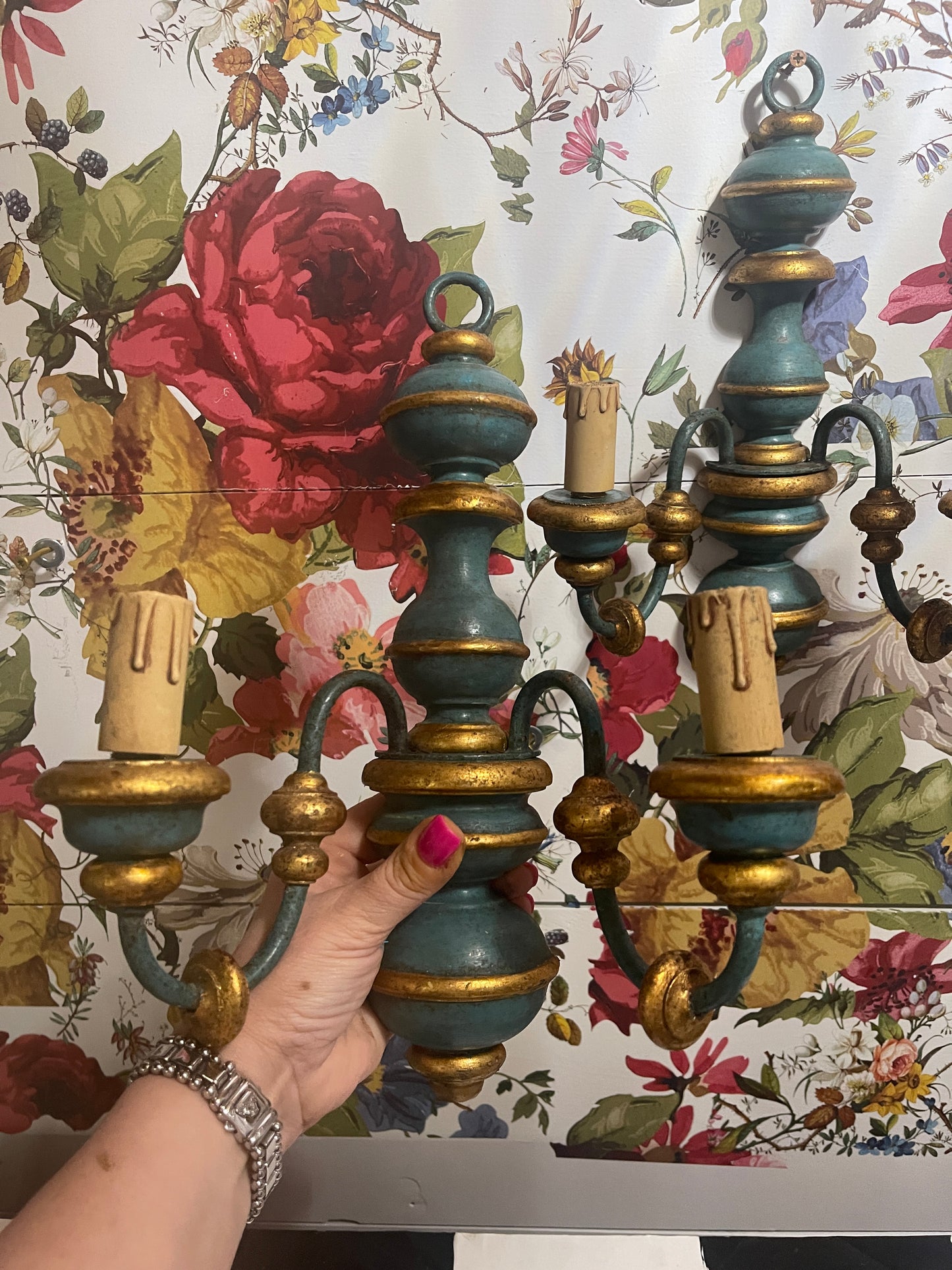 Italian Sconces, Hand Painted with Gilt Accents, Wired, Early 20th Century