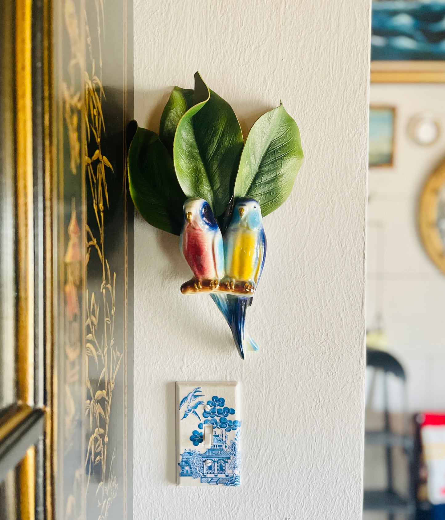 Vintage Budgie Parakeet Wall Pocket, Vibrant Blues, Pinks and Yellows with Gold Detail