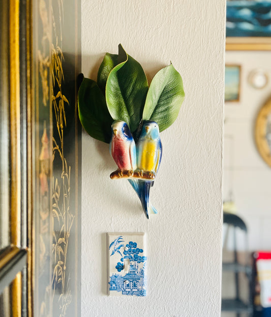 Vintage Budgie Parakeet Wall Pocket, Vibrant Blues, Pinks and Yellows with Gold Detail