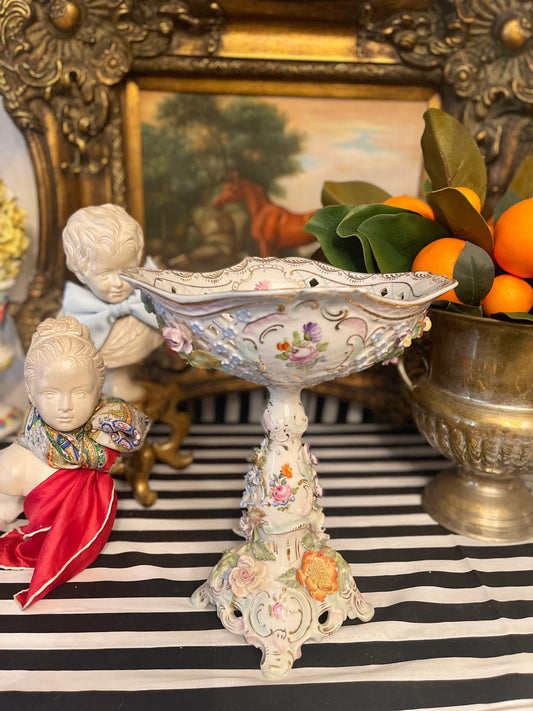 Antique Dresden Footed Reticulated Baroque Compote, Hand Painted Pink Bows and Applied Flowers