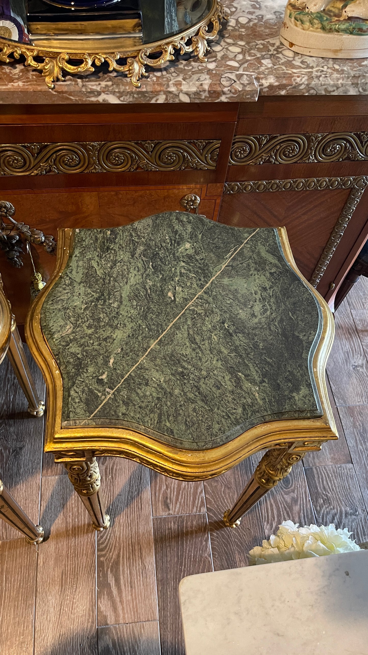 Pair of Giltwood Side Tables with Green Marble Tops | Louis XVI Style Accent Tables, Vintage, Estate Sourced