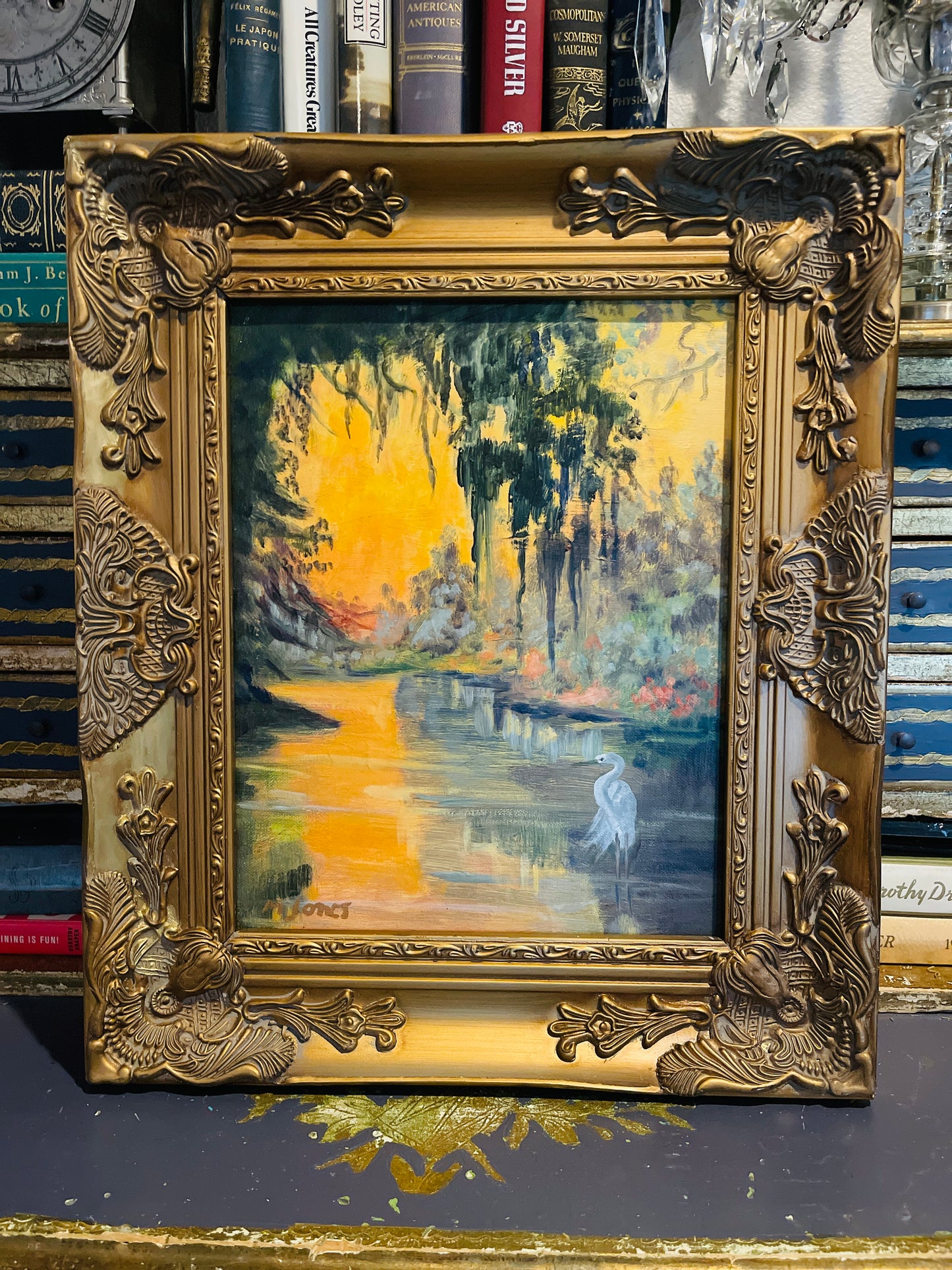 Vintage East Texas Bayou Landscape Painting – Cypress Trees at Sunset with Great Egret