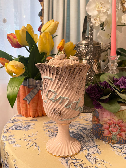 Wales Pedestal Lidded Pink Candy Dish with Applied Roses and Ribbon Lettering, Made in Japan