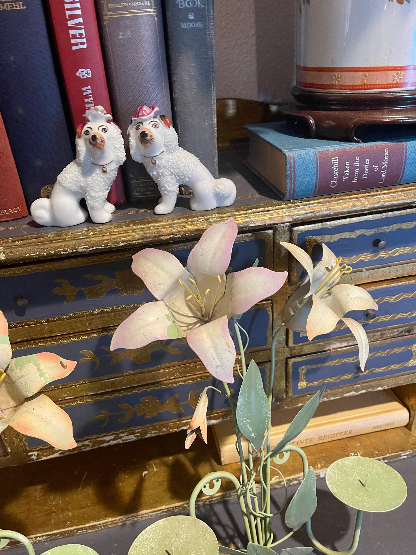 Vintage Tole Pink and Green Lily Candle Sconces, Pair, Chippy Paint, Cottage Chic