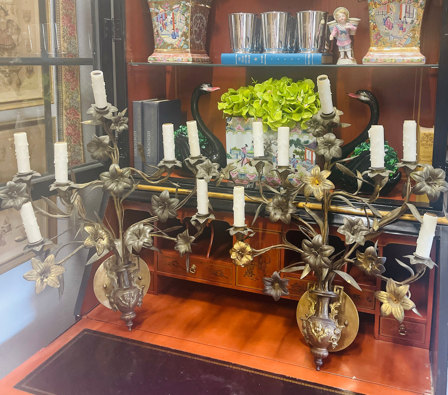 Late 19th Century French Bronze Candelabra Style Wall Sconces, Cheub Urns