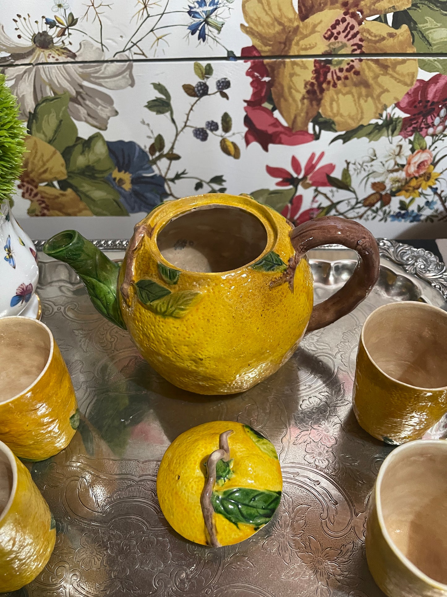 Vintage Majolica Lemon Tea Set, Made in Japan, Garden Party Chic