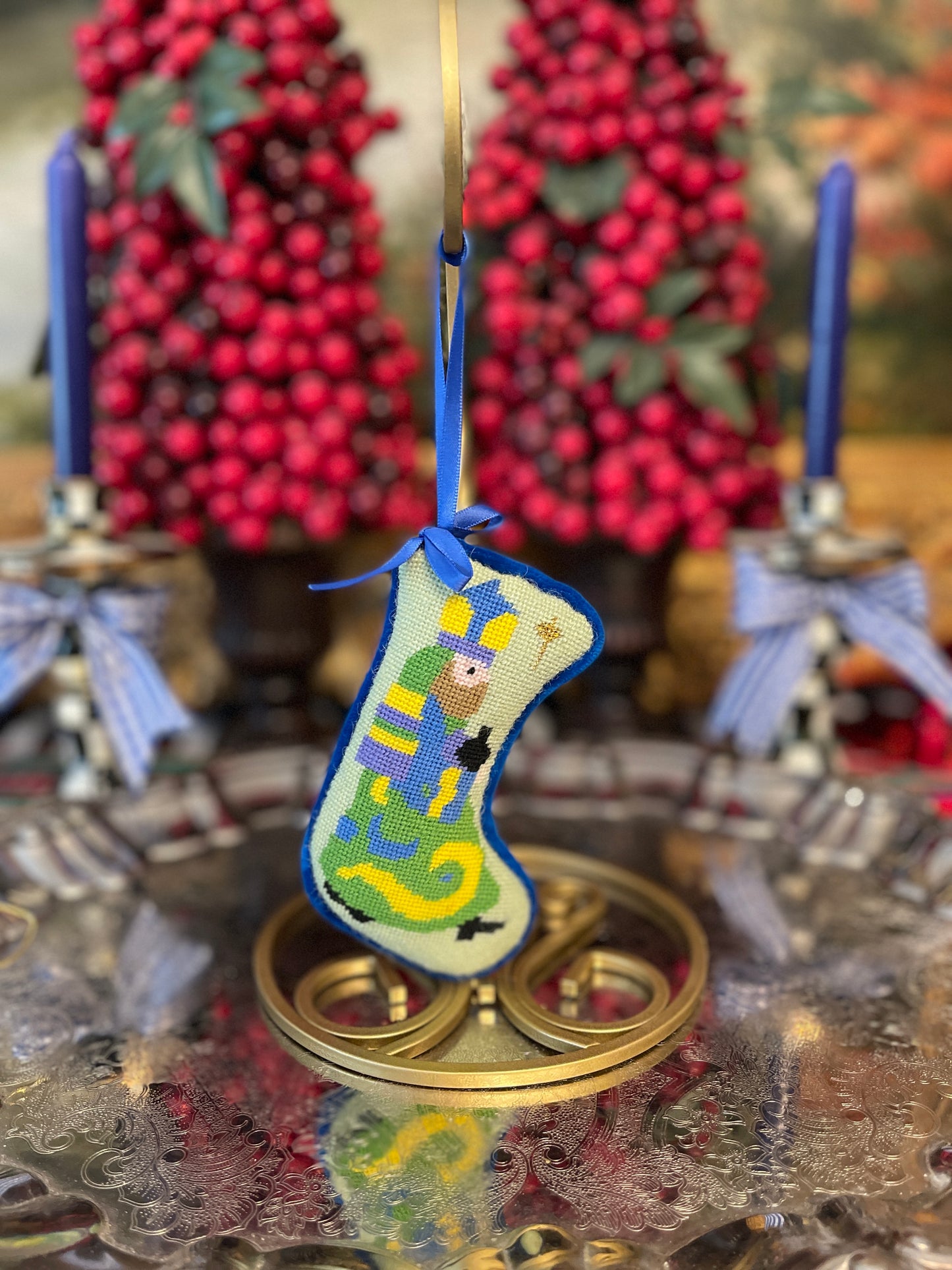 Vintage Needlepoint Stocking Ornament with a Wiseman, Blue