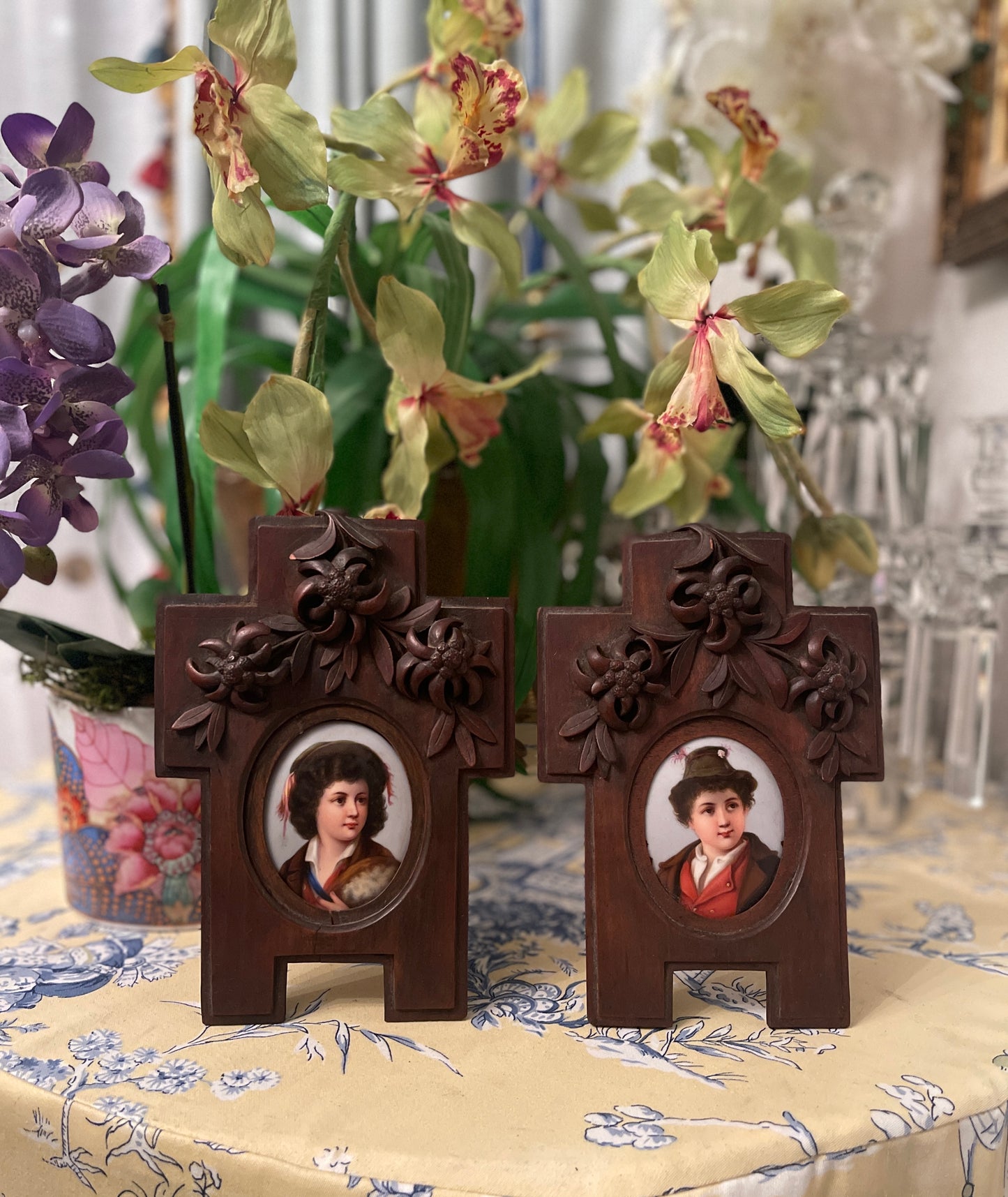 Pair of Antique Porcelain Portraits, Ornate German Black Forest Wood Frame, Black Forest Wood Carved Frame German Antique