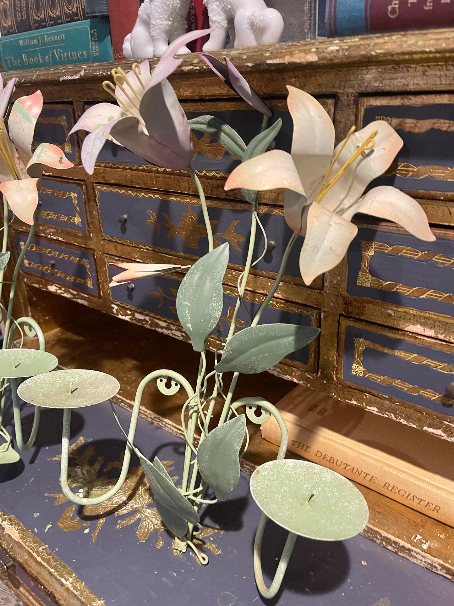 Vintage Tole Pink and Green Lily Candle Sconces, Pair, Chippy Paint, Cottage Chic