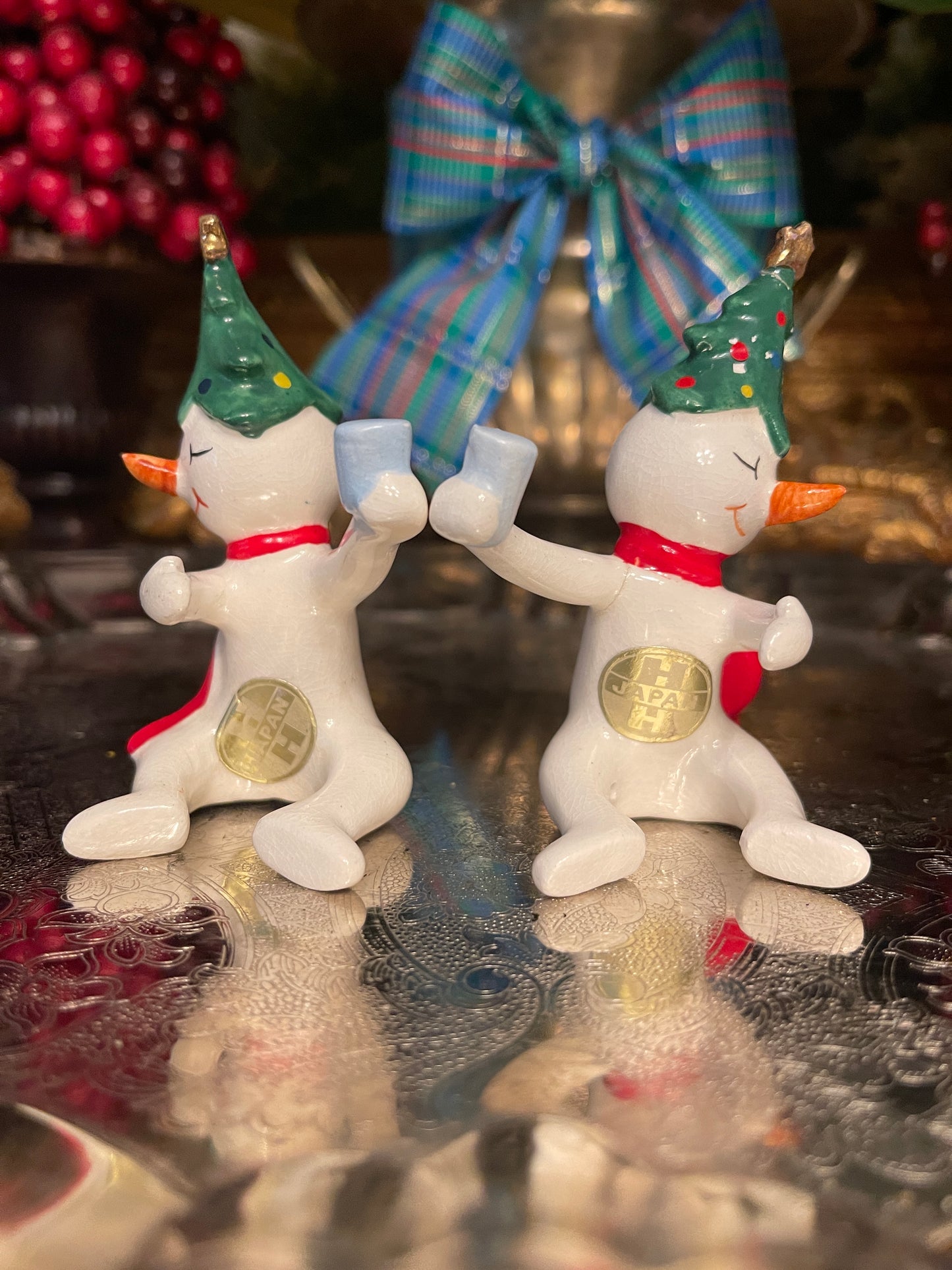Mid Century 1958 Holt Howard Snowman Candle Hugger Pair, Made in Japan Hand Painted Porcelain, Holiday Estate Decor