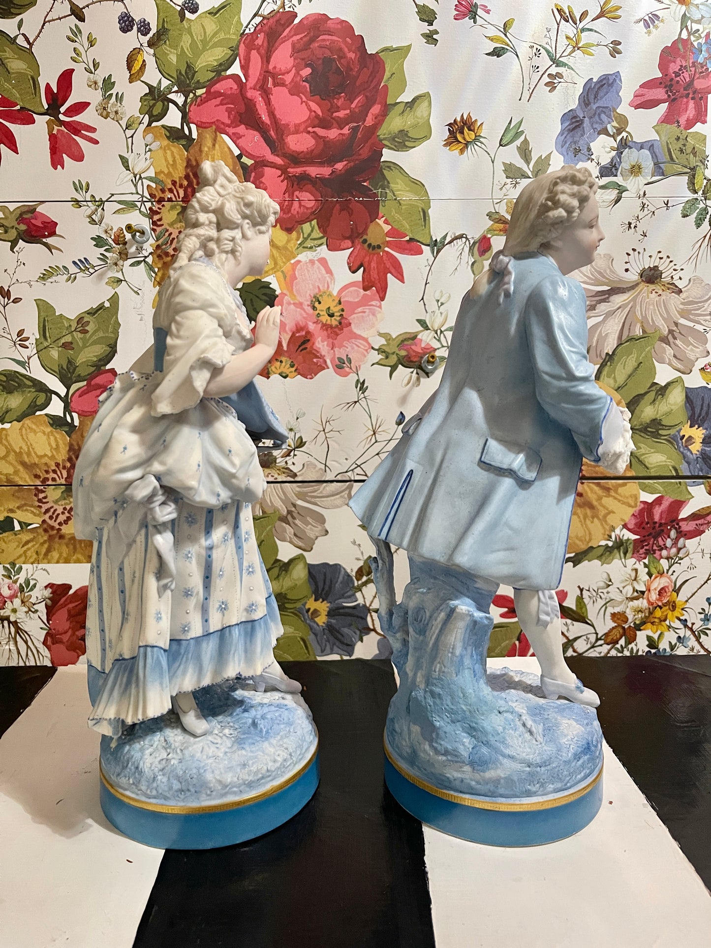 Blue and White French Figural Porcelain Statuettes, European Porcelain Bisque, Hand Painted