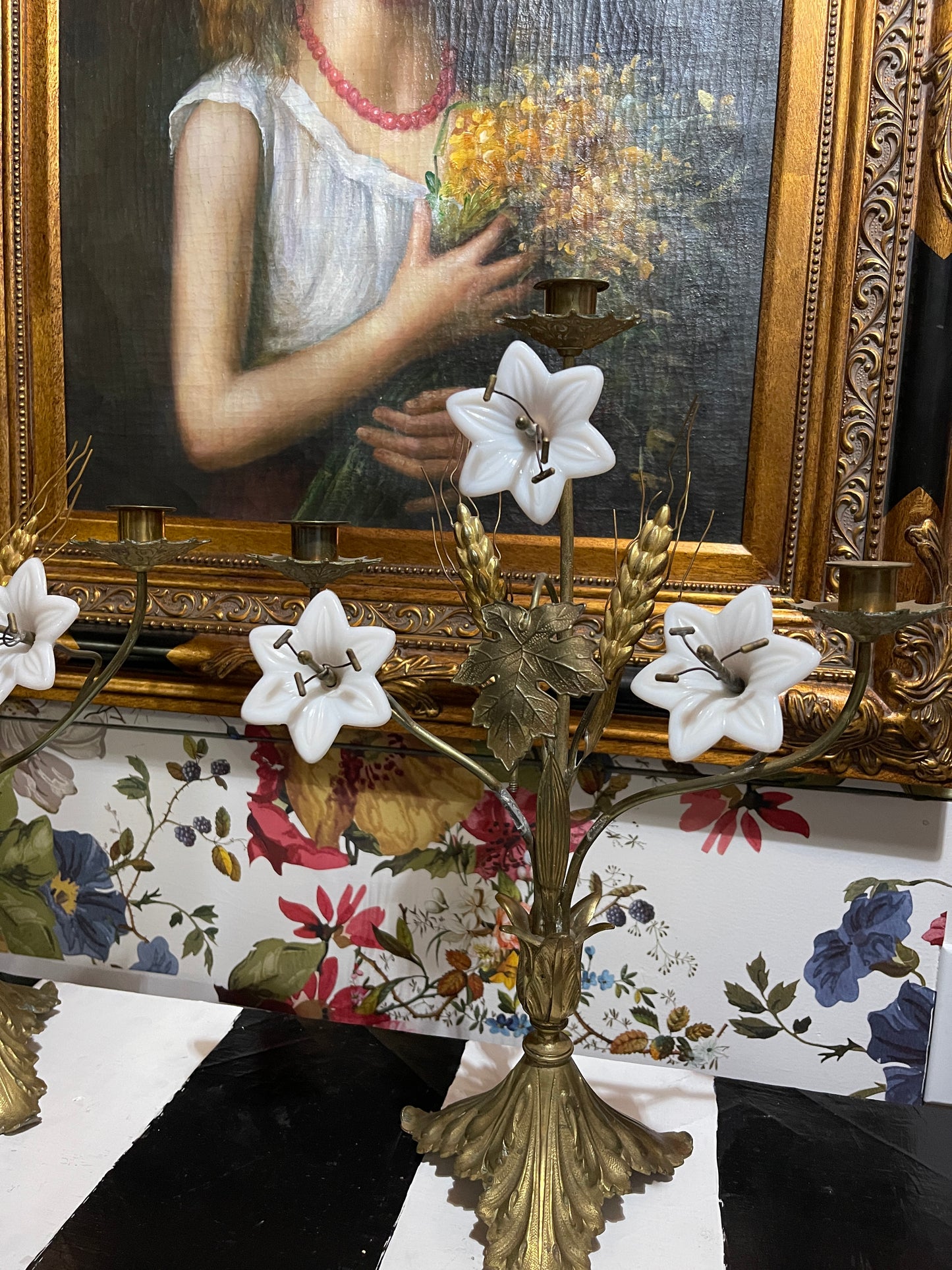 Pair of Antique French Brass Altar Candelabras with Milk Glass Lilies & Wheat Sheaves – Ecclesiastical Candle Holders
