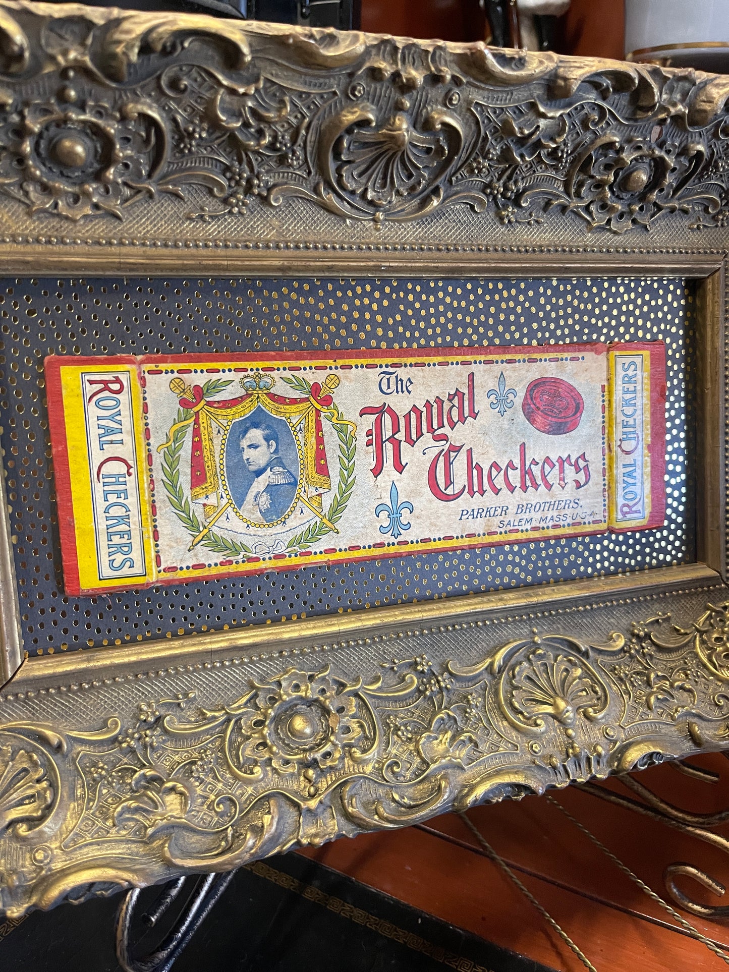 Vintage Royal Checkers Box Lid with Napoleon Bonaparte, Ornate Gold Frame