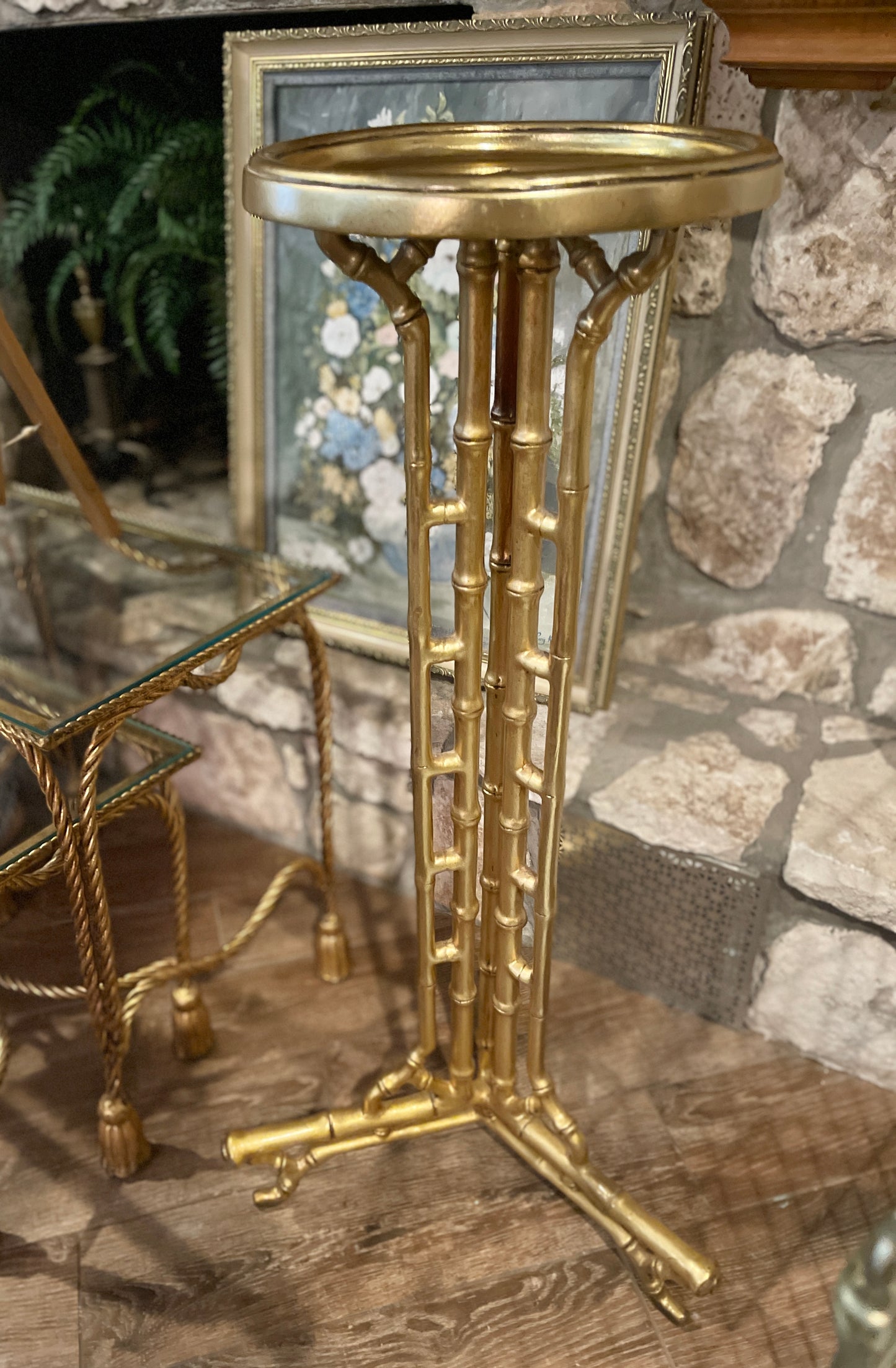 Estate Gold Tole Faux Bamboo Plant Stand, Pure Hollywood Regency Glam