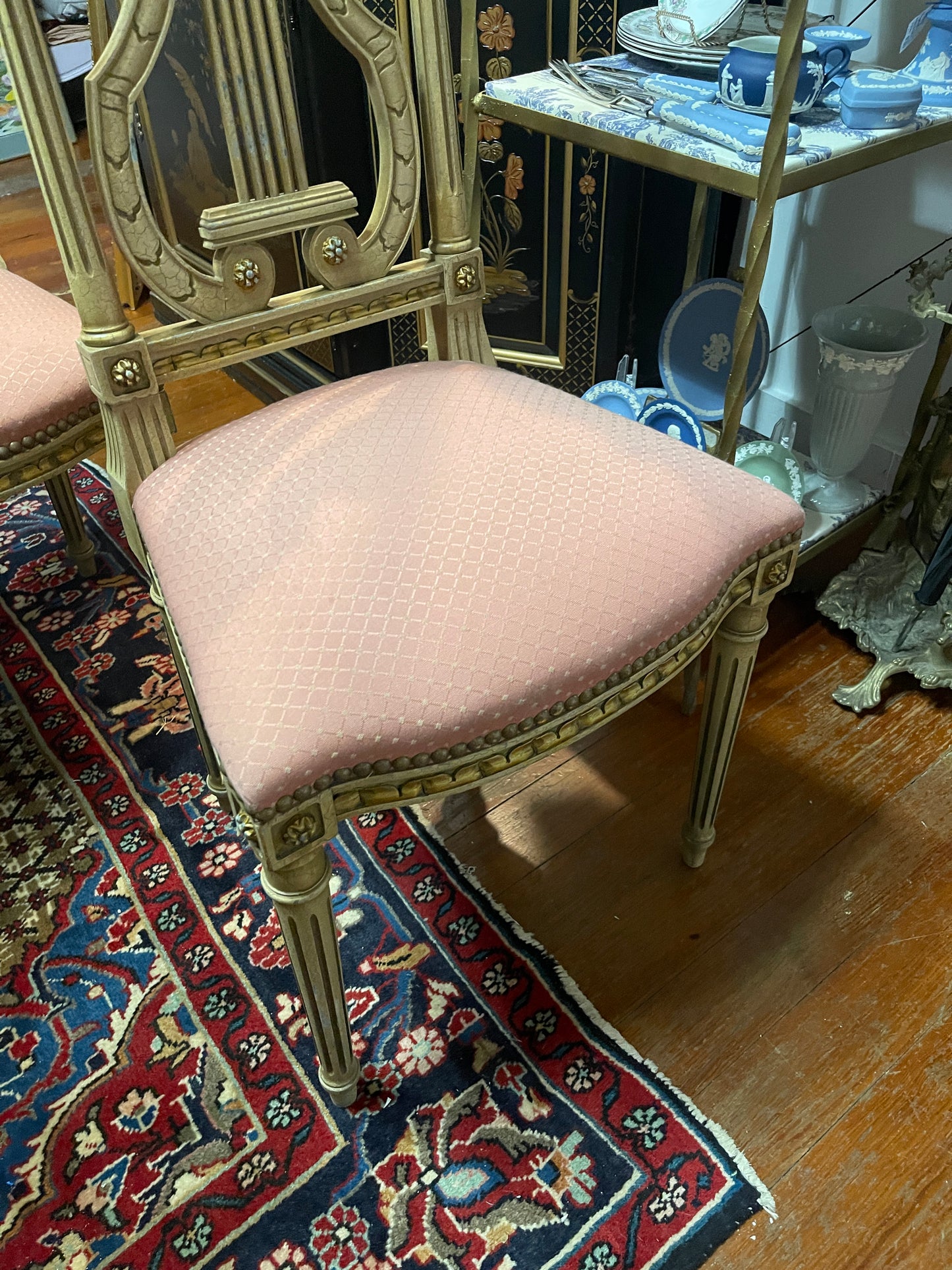 Pair of Antique Neoclassical Lyre Back Chairs – Carved Gilt Accents & Blush Upholstery *Pick Up Only*